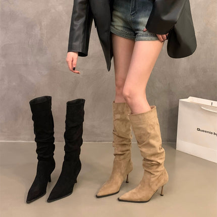 High-Heeled Pointed-Toe Khaki Suede Stacked Long Boots Women's Shoes 2025 Spring and Autumn Single Boots Slim Long Tube Riding Boots