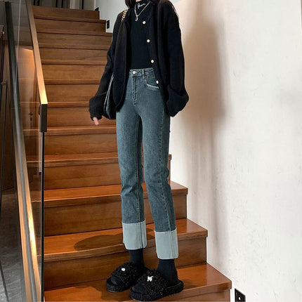 Retro blue pipe pants women's autumn and winter stitching jeans new spring and autumn cropped stretch all-match loose straight pants