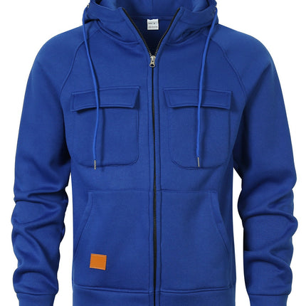 Spring, Autumn and Winter American Workwear Retro Hooded Loose Brushed Sweatshirt for Men, Youth Multi-Flap Pocket Pants Leather Cardigan Jacket