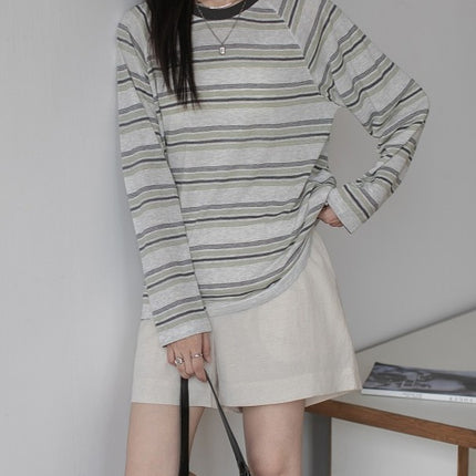 2025 Autumn Salt Green Striped Casual Long Sleeve Blouse Thin Breathable Loose Retro T-Shirt