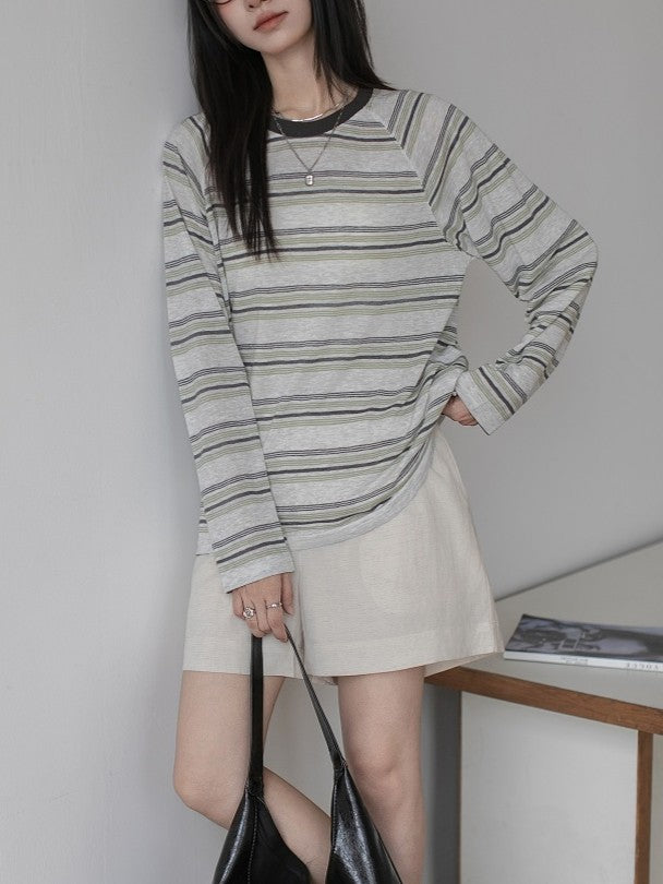 2025 Autumn Salt Green Striped Casual Long Sleeve Blouse Thin Breathable Loose Retro T-Shirt