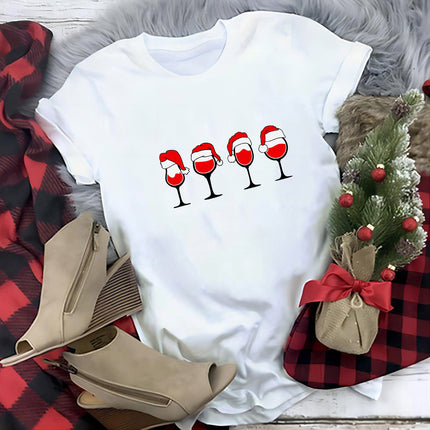 Women Casual Fun Crew Neck Tees Christmas t Shirt Red Wine g