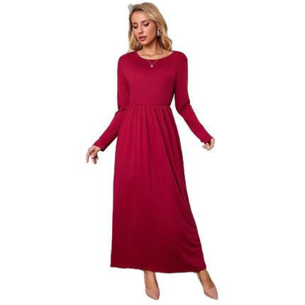 2023 autumn and winter New Amazon cross-border supply round neck long sleeve solid color casual pocket dress mop dress