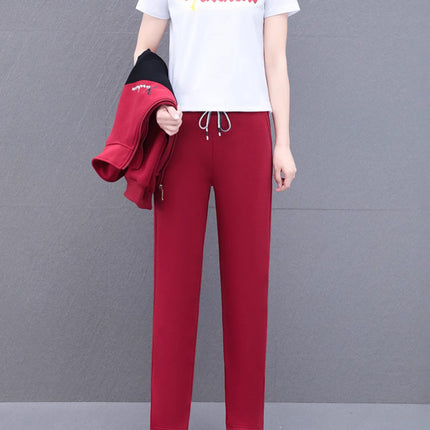 High Cotton Color-Block Two-Piece Fashion Casual Sports Suit for Women, Spring and Autumn, Middle-Aged Mom, Stand Collar Cardigan and Color-Block Sweatpants