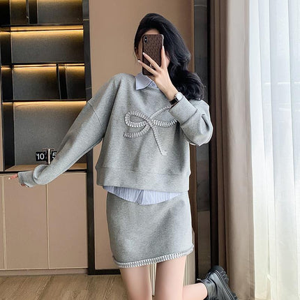 Real Shot Lazy Style Loose Sweater Spring and Autumn Inner Shirt Design Sense Short Top Small Half Skirt Three-Piece Set