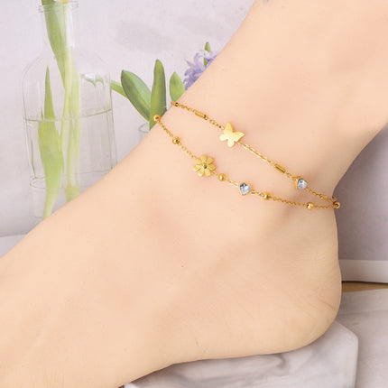 Summer new style foot decoration fashion artistic shell butterfly small chrysanthemum foot ring love zircon titanium steel non-fading factory