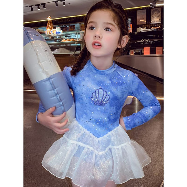 Girls One-Piece Swimsuit, Fashionable Kidsren's Princess Swimsuit, Summer Wear 2025 New Little Girl Long-Sleeved Swimsuit