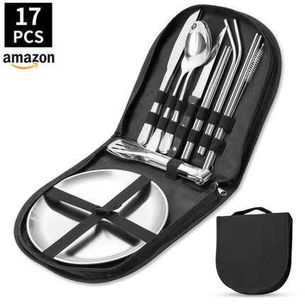 Amazon Outdoor Stainless Steel Tableware Steak Knife and Fork Spoon Barbecue Clip Plate 10-piece Travel Camping Set