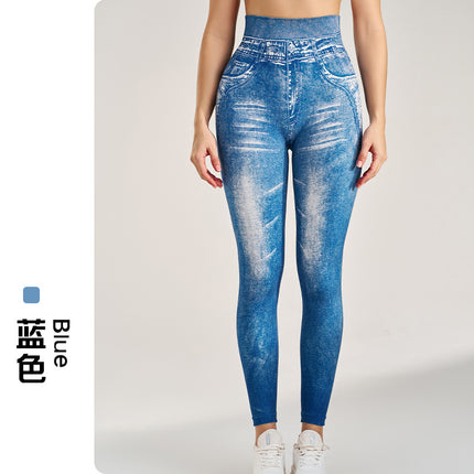 Outdoor High-Waisted Fitness Butt-Lifting Faux Denim Leggings Plus-Size Yoga Wear Stretchy Tight-Fitting Nine-Point Long Yoga Pants