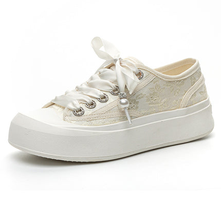 2024 Spring and Summer New White Shoes Lace-up Satin Casual Large Size Board Shoes 4143 Thick Sole Increased Soft Sole German Training Shoes