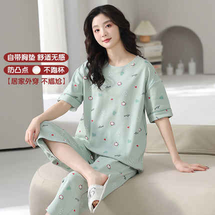 Pajamas Women's Summer Short-sleeved Knitted Cotton Wear-free Bra with Chest Pad Can be Wearing Outer-wear Anti-sudden Sleeping Beauty-making Home Wear Casual Wear