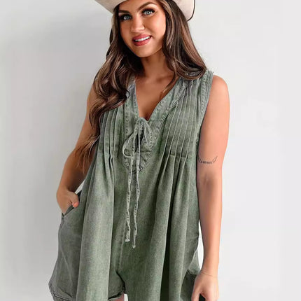 2025 European and American Cross-Border Summer New Products: Street Fashion Sleeveless Short-Sleeve Denim Jumpsuit 9025