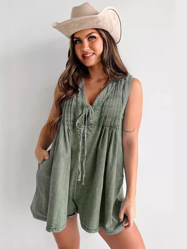 2025 European and American Cross-Border Summer New Products: Street Fashion Sleeveless Short-Sleeve Denim Jumpsuit 9025