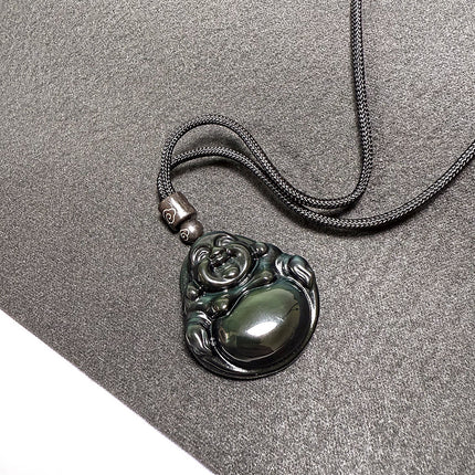 Crystal Obsidian Buddha Pendant for Men and Women, Maitreya Buddha Necklace, Laughing Buddha Pendant, Direct Supply Rainbow Eye