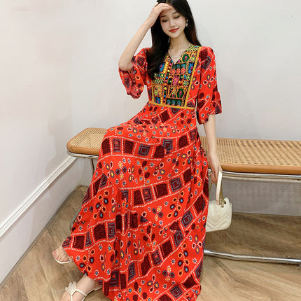 Amazon Cotton Silk Beach Dress Ethnic Style Large Swing Dress V-Neck Mid-Sleeve Dress Embroidered Vintage Floral Long Dress
