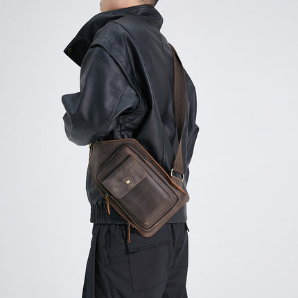 Men's Bag Sports Chest Bag First Layer Cowhide Crossbody Men's Bag Large Capacity Crossbody Bag European and American Retro Crazy Horse Leather Chest Bag