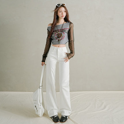 White Three-Proof Straight Jeans for Women 2025 Autum New Wide High Waist Slim Elastic Wide Leg Casual Pants