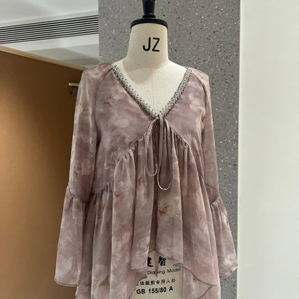 Dirin Ambient V-Neck Nail Drill Lazy Draped Slimming Trumpet Sleeve Chiffon Shirt Women's Holiday Floral Short Top