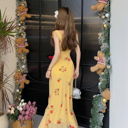 Summer French Style Dopamine Sweet Dress Dusk Rose Lace Yellow Floral Sling dress Fishtail Long Dress