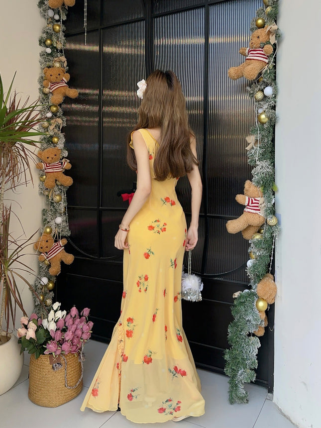 Summer French Style Dopamine Sweet Dress Dusk Rose Lace Yellow Floral Sling dress Fishtail Long Dress