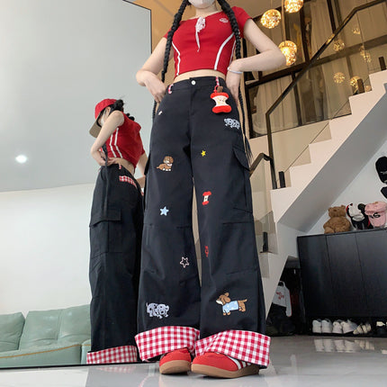 Real Shot Cartoon Embroidered Apple Dachshund Jeans for Women, New Versatile Design Wide-Leg Straight Floor-Length Pants