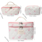 Pink bow quilted plaid cosmetic storage bag / Double layer portable 23x14x16.5cm