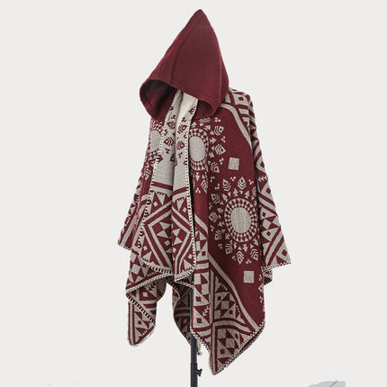 Ethnic Style Hooded Cape Shawl for Women, Fashionable and Stylish Thickened Version, Warm Outerwear for Travel and Photography Scarf