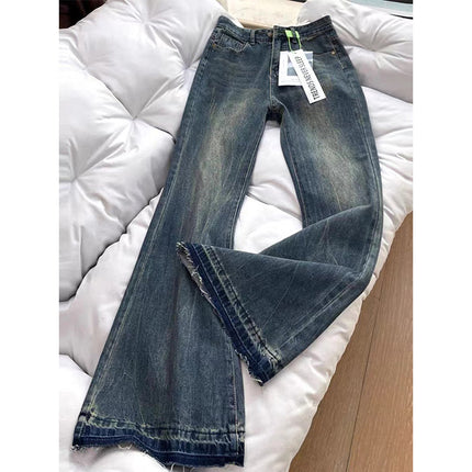 Vintage Distressed High-Waisted Flared Jeans for Petite Women, Loose Straight-Leg Slimming Wide-Leg Floor-Length Pants