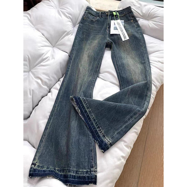 Vintage Distressed High-Waisted Flared Jeans for Petite Women, Loose Straight-Leg Slimming Wide-Leg Floor-Length Pants