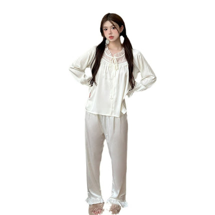 Cream Lace-up French Princess Style Women's Pajamas Spring and Summer Long Sleeve Ice Silk Comfortable Home Clothes suit