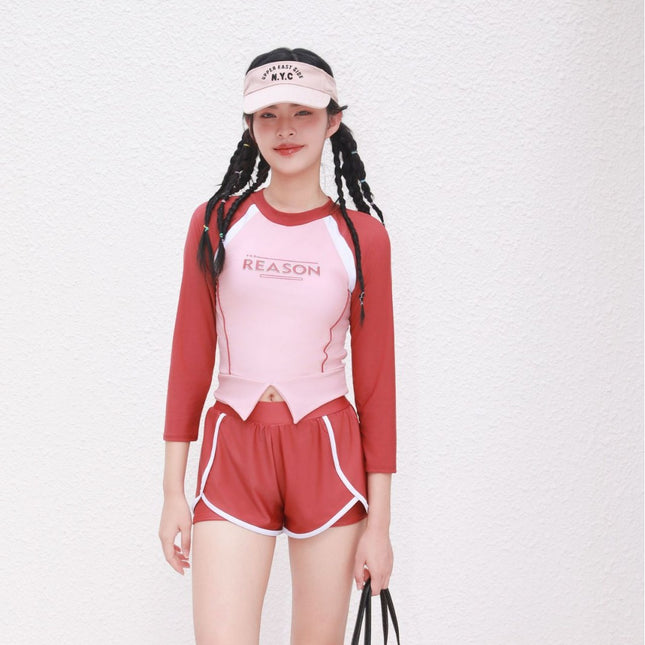 Retro Dopamine Swimsuit Women's Split Long-sleeved Sunscreen 2025 New High-end Girl's Slim Belly-Covering Swimsuit