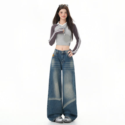 Vintage Blue Versatile Wide-Leg Jeans for Women 2025 Autumn New Straight Loose High-Waisted Slimming Floor-Length Pants