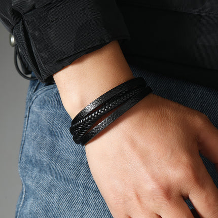 Men's multi-layer woven leather bracelet alloy black plated magnetic buckle unisex bracelet Amazon hot bracelet