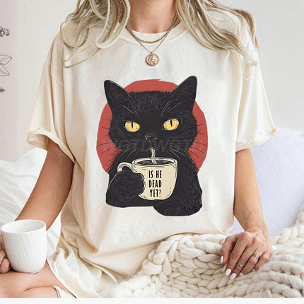 Fun Printed Cat New Pullover Cross-Border Casual Round Neck Top Women's Summer Loose Sports Short Sleeves
