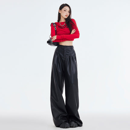 Eye-Catching Moment 2025 Autumn and Winter Versatile American Retro Elastic Waist Wide-Leg Casual Loose Black Leather Pants