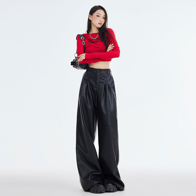 Eye-Catching Moment 2025 Autumn and Winter Versatile American Retro Elastic Waist Wide-Leg Casual Loose Black Leather Pants