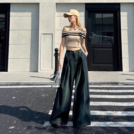 Vintage Niche Loose Drape Wide-Leg Jeans for Women Spring New Design Distressed Versatile Floor-Length Pants