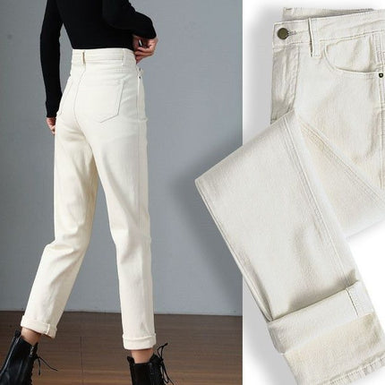 2024 Autumn and Winter Velvet Pure Color Off-White Narrow Straight Jeans for Women High Waist Loose Outer Wear Cigarette Pipe Pants