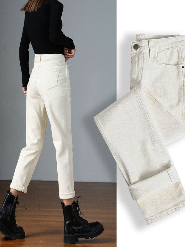 2024 Autumn and Winter Velvet Pure Color Off-White Narrow Straight Jeans for Women High Waist Loose Outer Wear Cigarette Pipe Pants