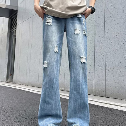 Raw Edge Ripped Lightning Pattern Bootcut Jeans Men's Straight Loose Wide Leg Teenagers Washed Distressed Floor Mopping Pants