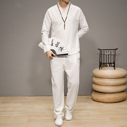 Cotton and Linen Suit Men's Autum New Tang Suit Long-Sleeved Pants Chinese Style Retro Zen Suit Chinese Casual Han Dynasty Suit