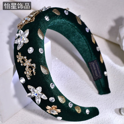 Yixing Senior French Hair Stamp Full Diamond Sponge Hair Band New Temperament Alloy Flower Dark Green Headwear A245