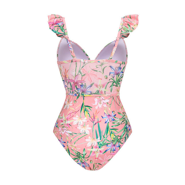 2024 Europe and America Amazon AliExpress one-piece swimsuit Mini ruffled mesh stitching printed swimsuit 2560
