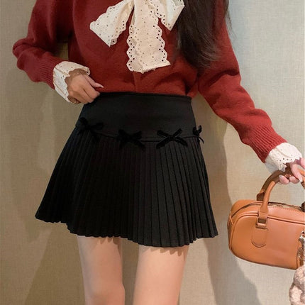 Bow-Knot Woolen Skirt for Women in Autumn and Winter, Anti-Exposure Culottes, Pleated Skirt, Small High-Waisted A-Line Skirt