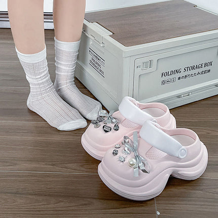 Increased Comfortable Explosions Retro Sweet Bow Hole Shoes Rhinestone Korean-style Office Home Non-slip Baotou Slippers