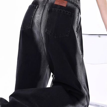 Black and Gray Gradient Cuffed Jeans for Women, Autumn 2025 New Slimming Drape Straight-Leg Floor-Length Pants