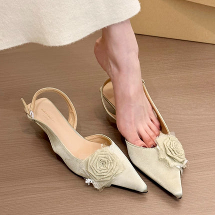 Fairy green roses! Gentle Satin Rose Puffed Head Empty Sandals Women's 2025 Spring and Summer New Style Thin Heeled Single-layer Shoes