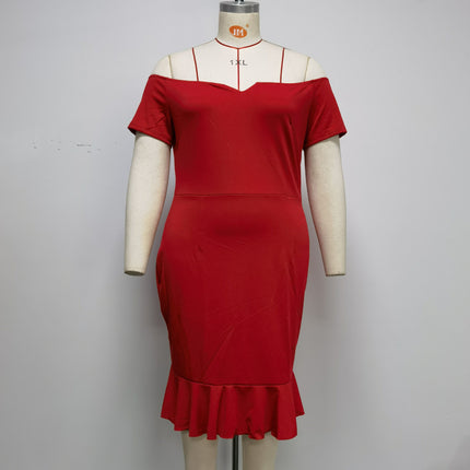 European and American plus size Women's Short-sleeved Open-shoulder V-neck Ruffled dress Dress JX073