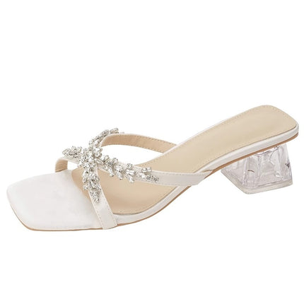 2026 Summer Crystal Heel Square-Toe Sandals for Women, Chunky Heel Fashion Versatile Slip-On Open-Toe Mules