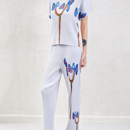 Fashion Pleated Suit for Women, Summer New Style, Age-Reducing Round Neck Top, Nine-Point Pants, High-End Casual Two-Piece Set